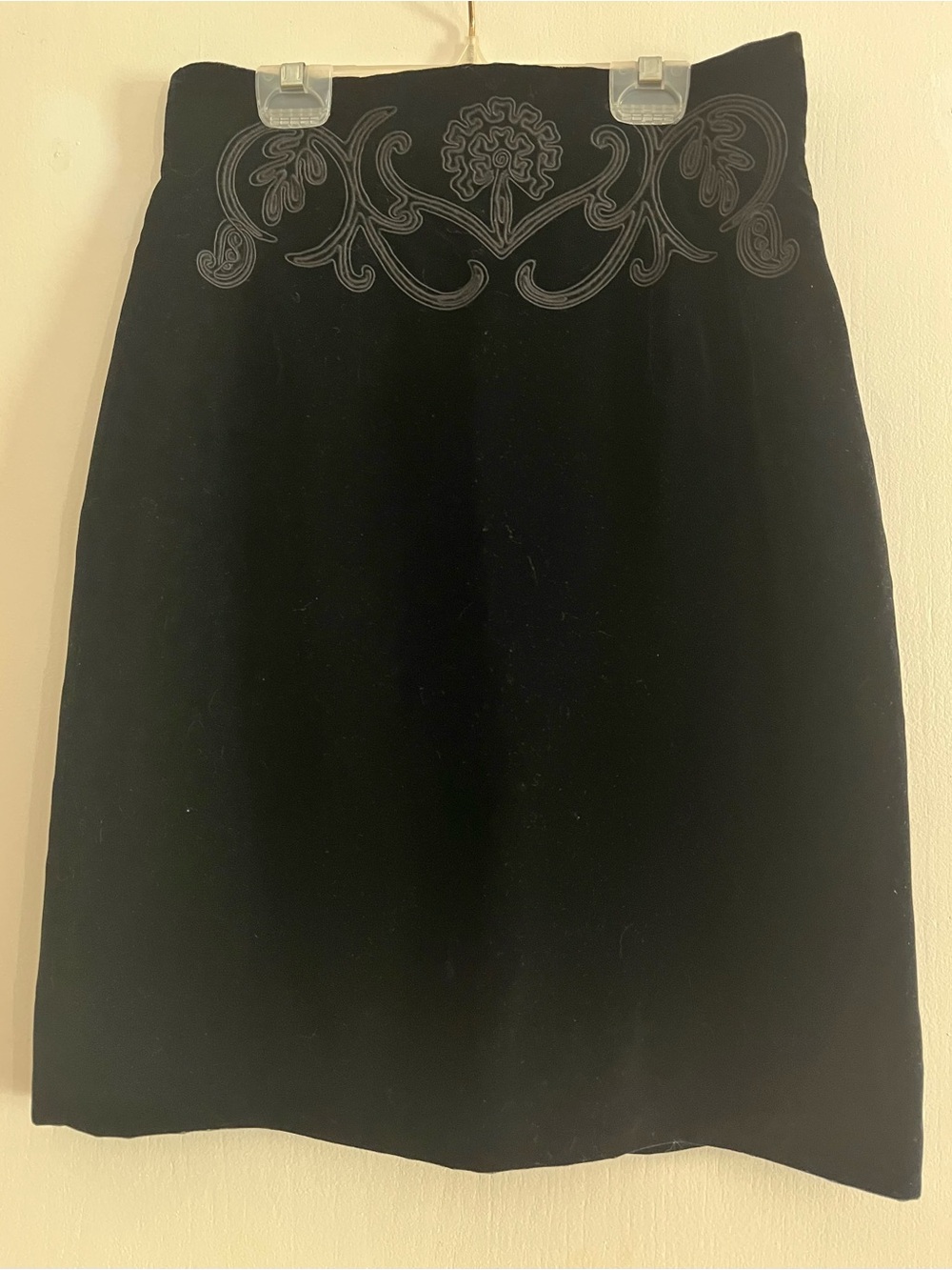 Vintage Suzelle Black Velvet Pencil Skirt with Soutache Trim